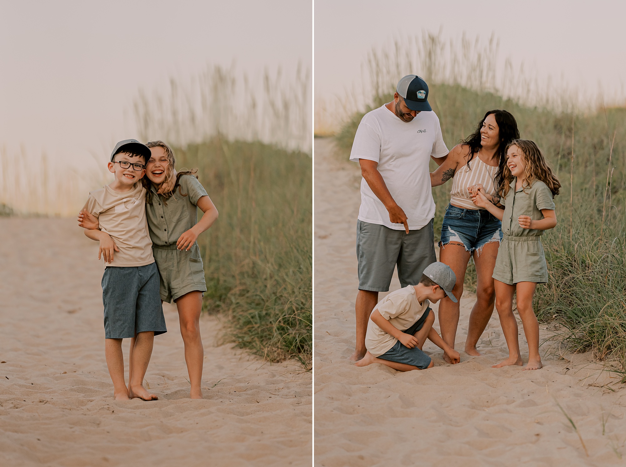 parents hug their two children on sand dunes by beach grass in nags head nc