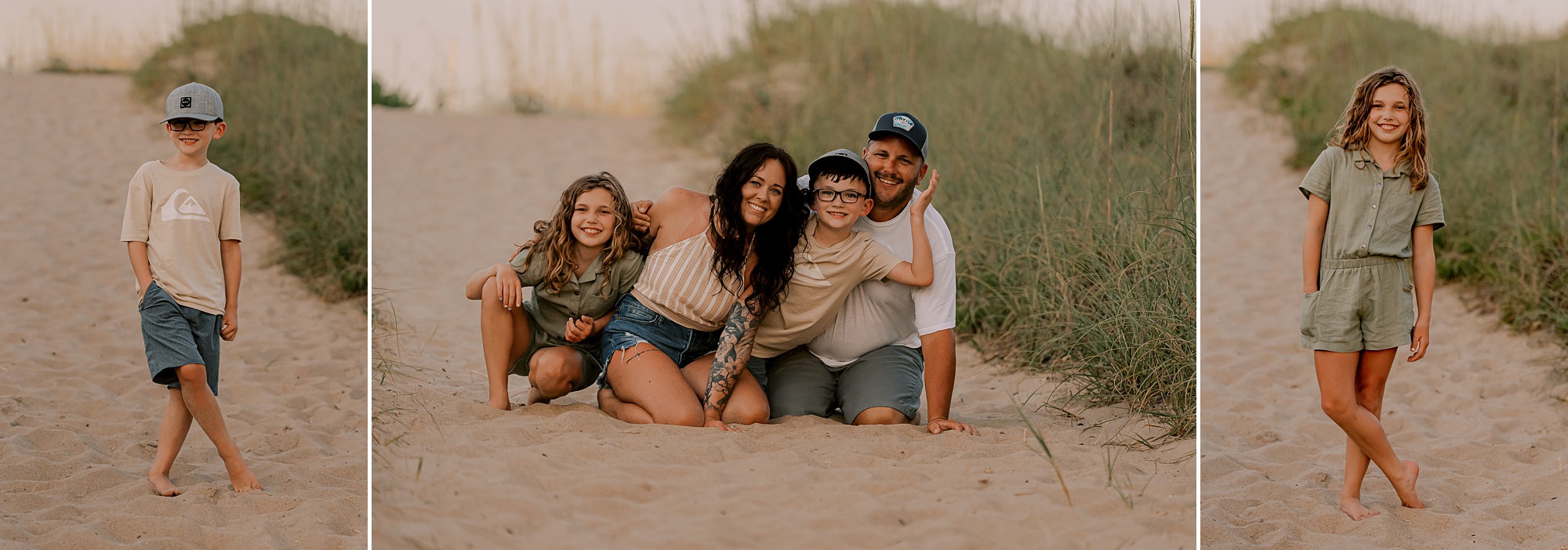 family of four kneels in the sand during photos with outer banks family photographer