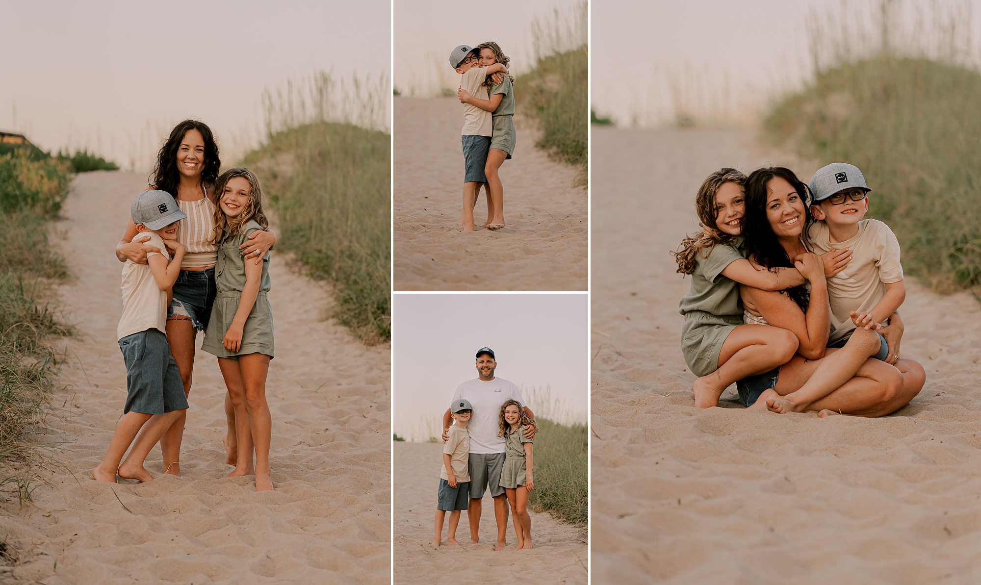 parents pose with two kids on dunes of nags head beach