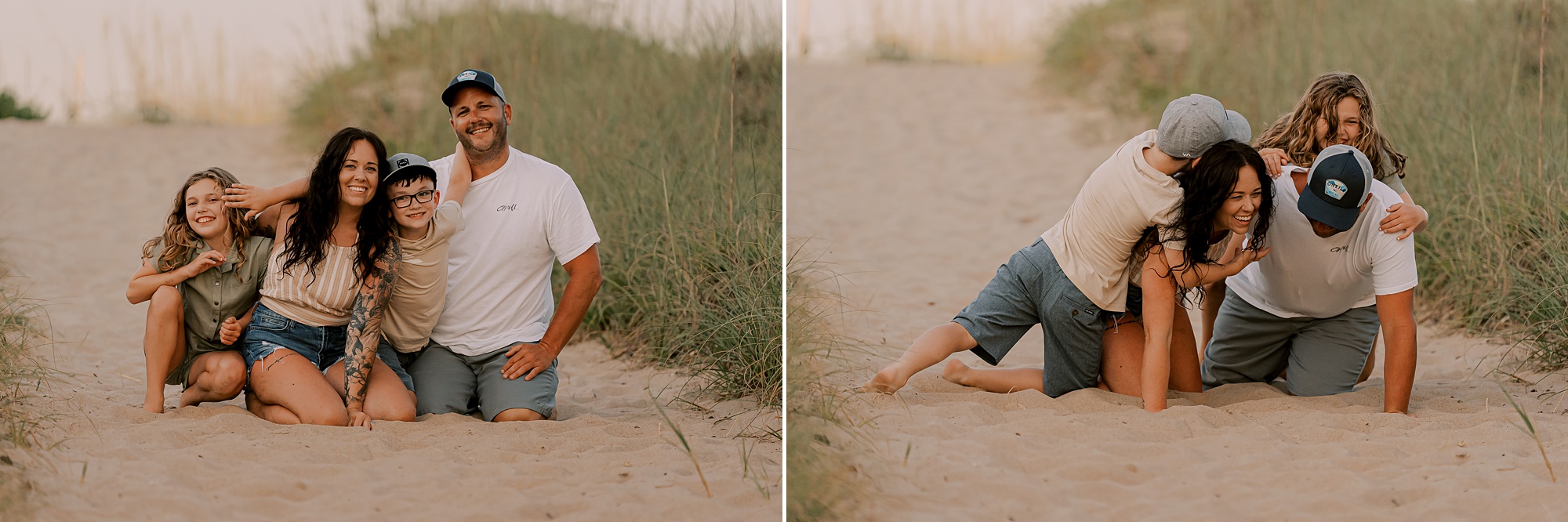 family of four kneels in sand and falls over on each other during photos in the outer banks