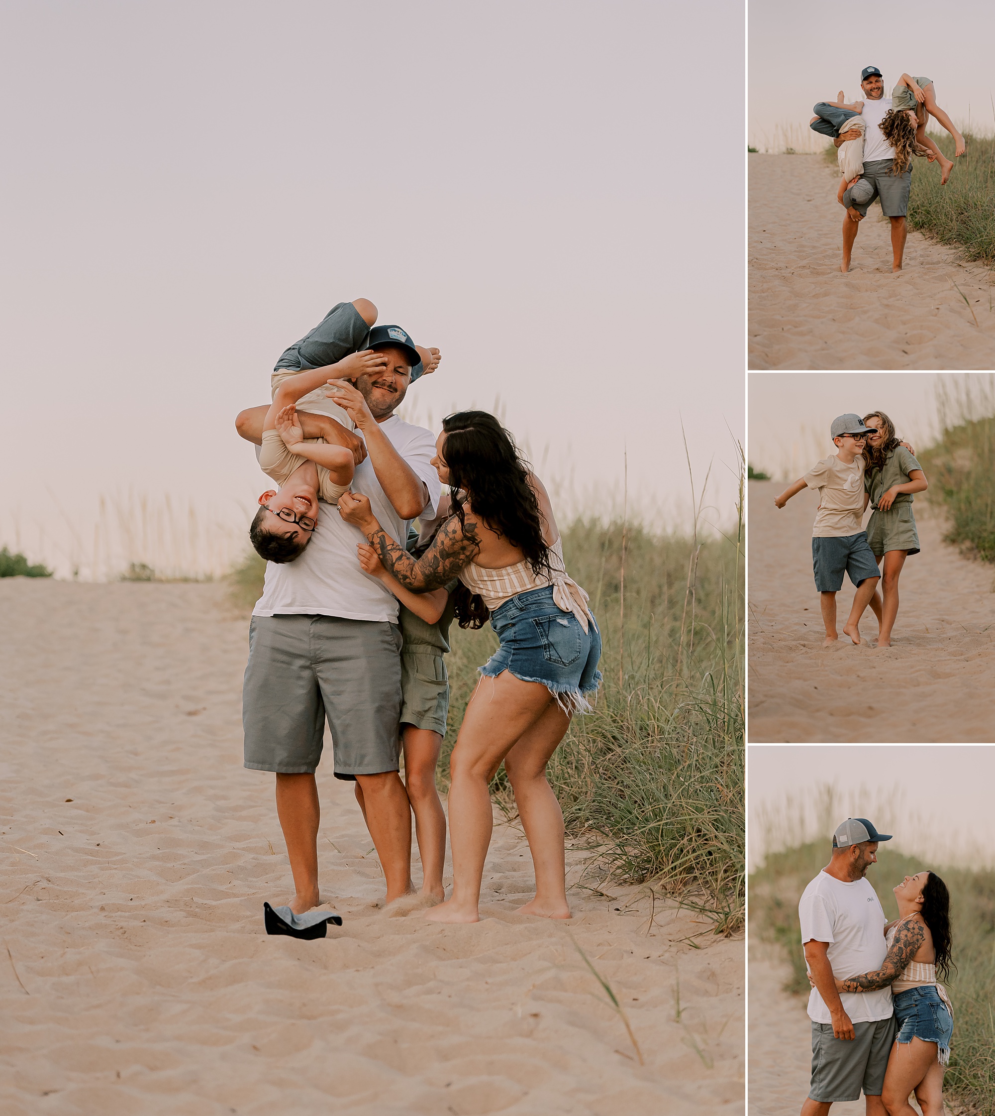 dad lifts up son no his back while mom and daughter try to tackle them