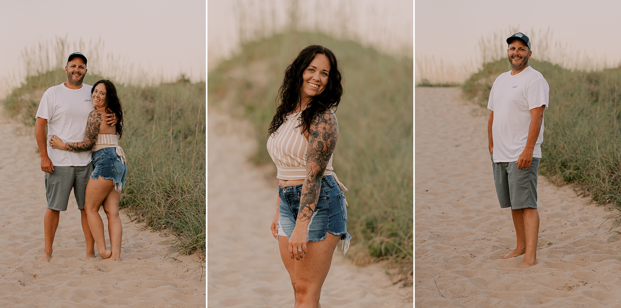 woman in torn shorts and tied top poses on sand dunes during family photos