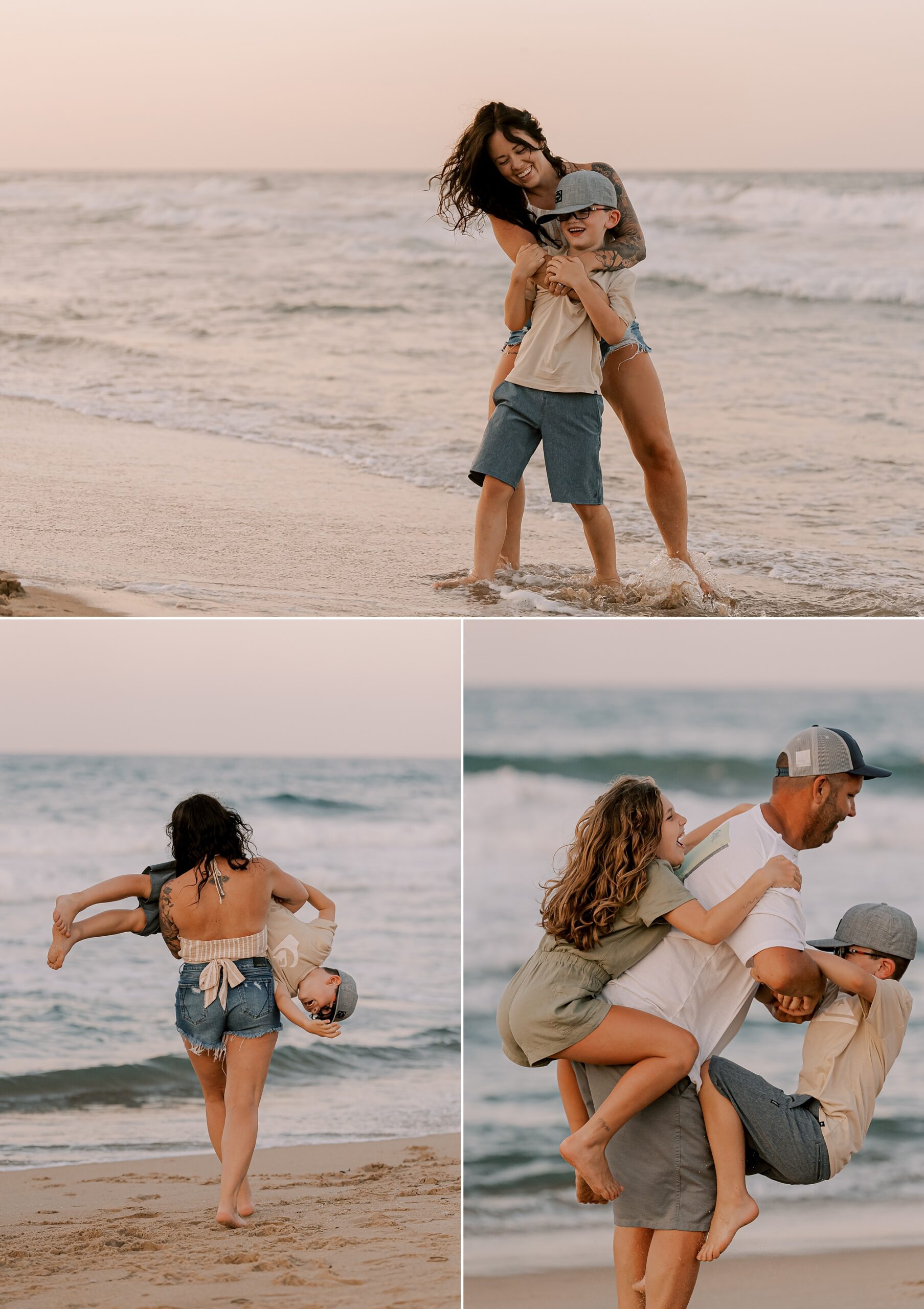 mom hugs son in water on the outer banks 