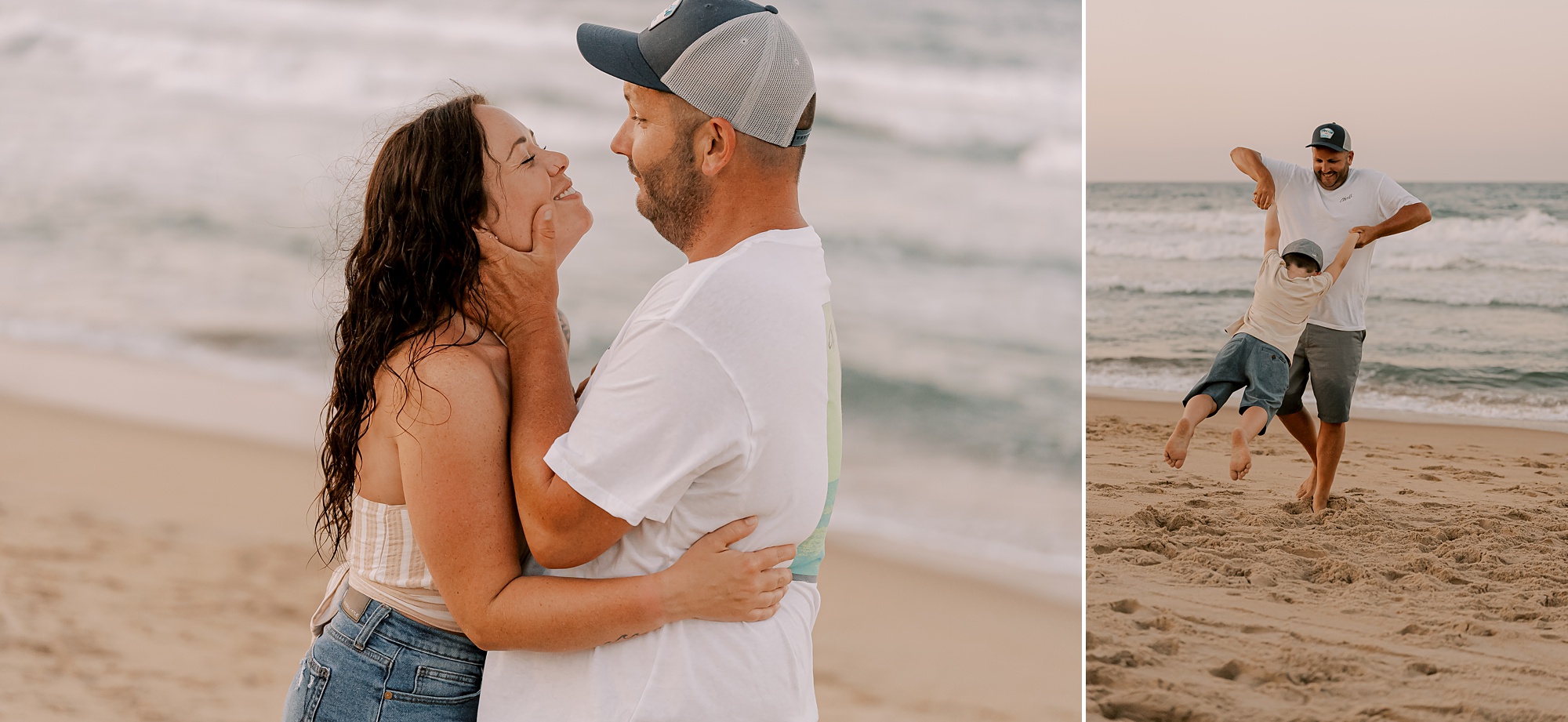 mom and dad hug on beach during family photos with outer banks family photographer