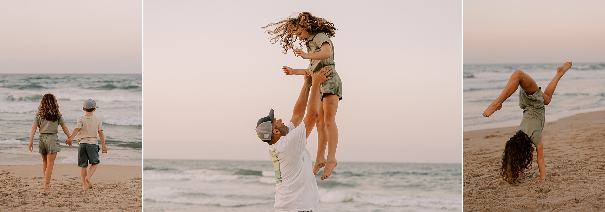 dad tosses daughter in the air during family photos on the beach