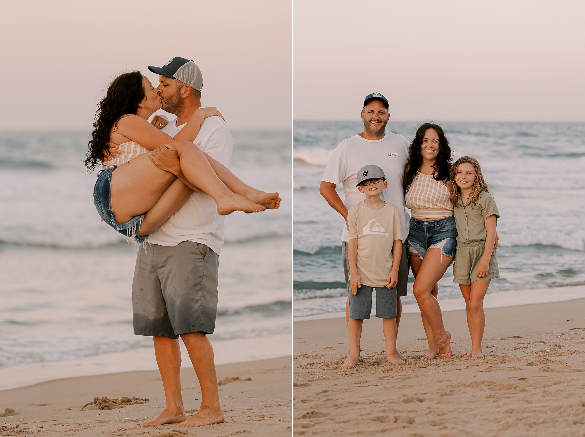 man lifts up wife kissing her on the beach during outer banks photos 