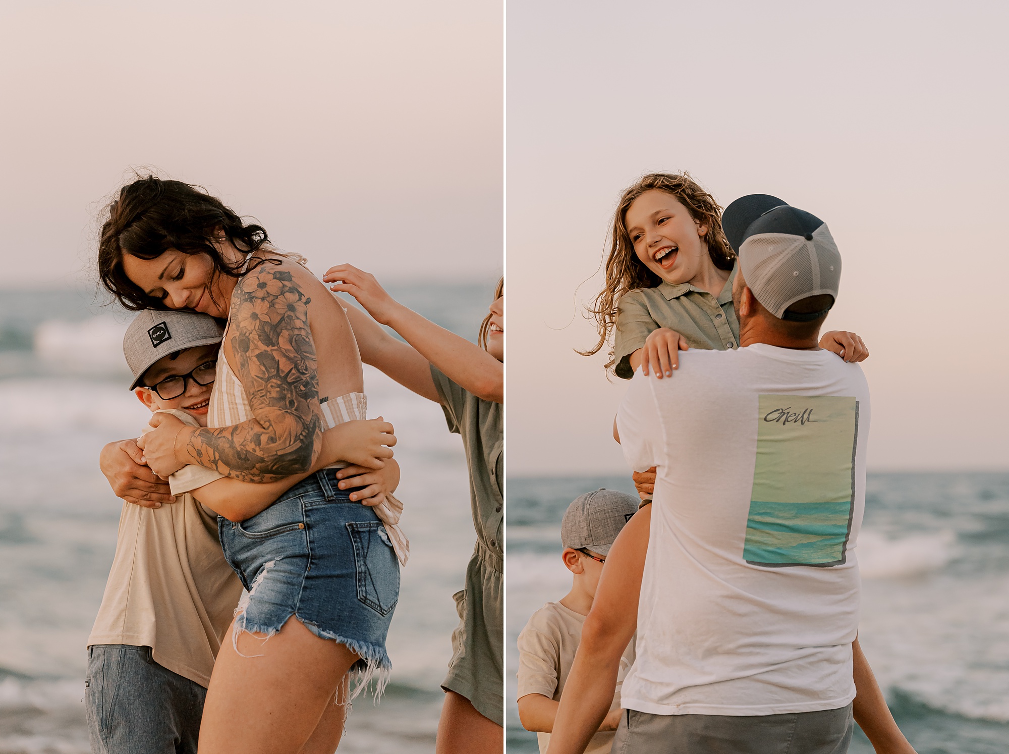 mom and son hug while dad twirls daughter around on the beach