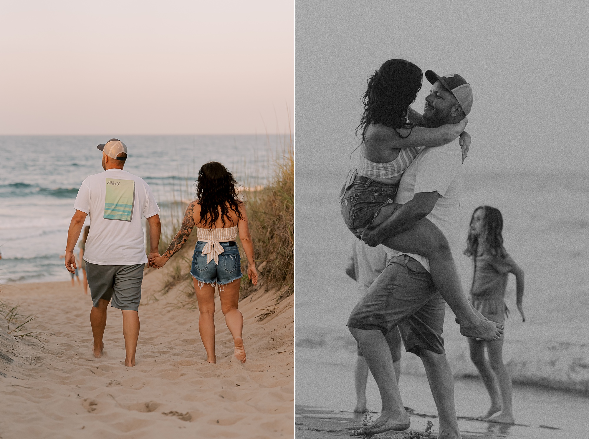 couple holds hands walking on the beach and husband lifts up wife in outer banks