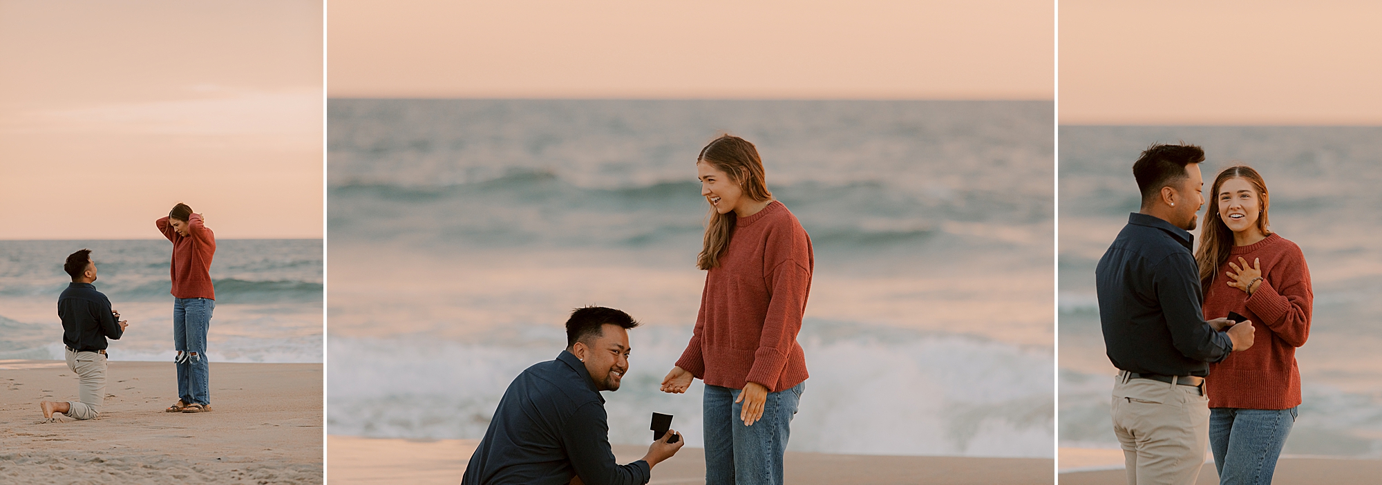 man kneels during nags head beach proposal at sunset in the outer banks