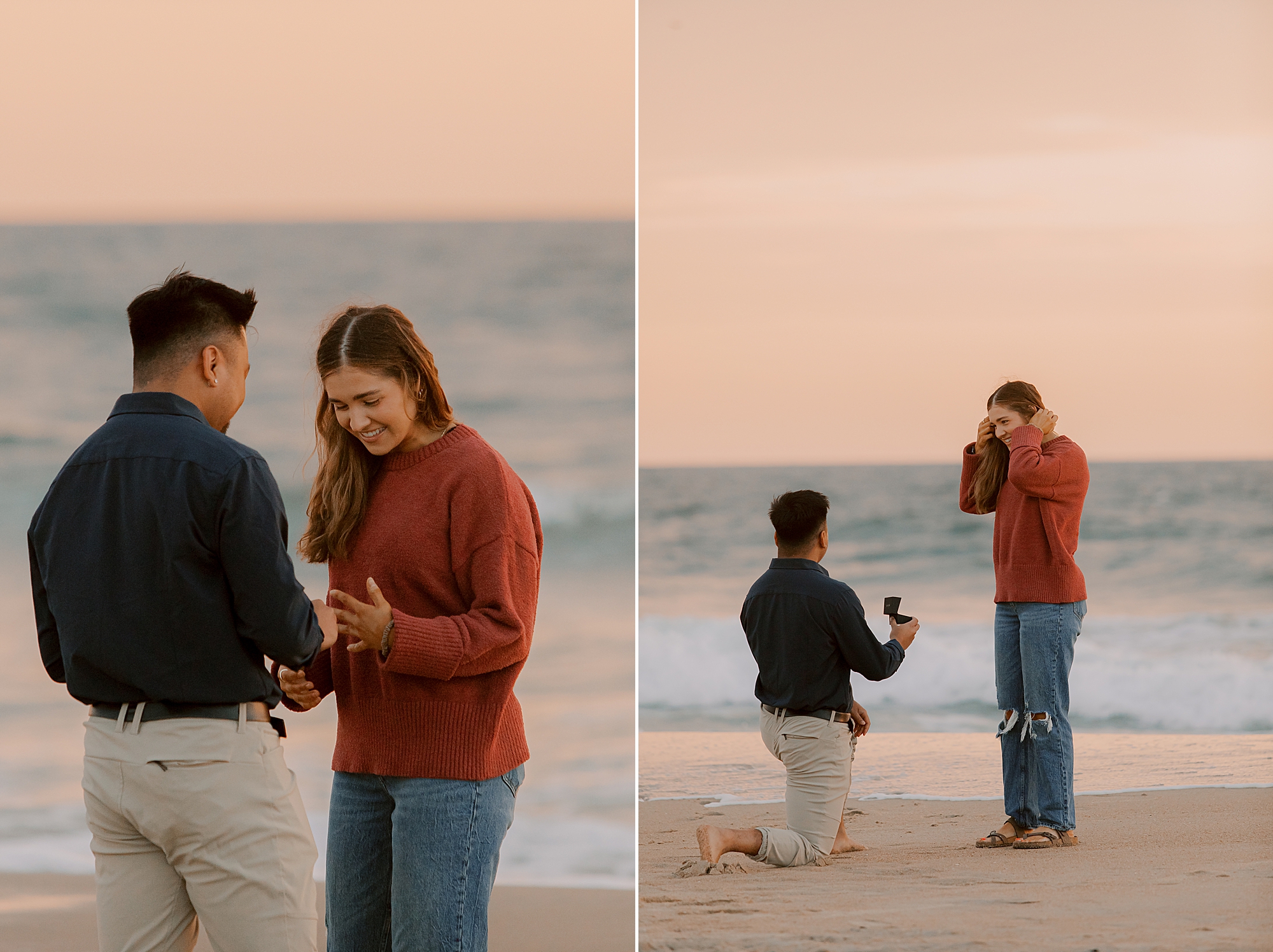 man kneels with ring box during nags head beach proposal