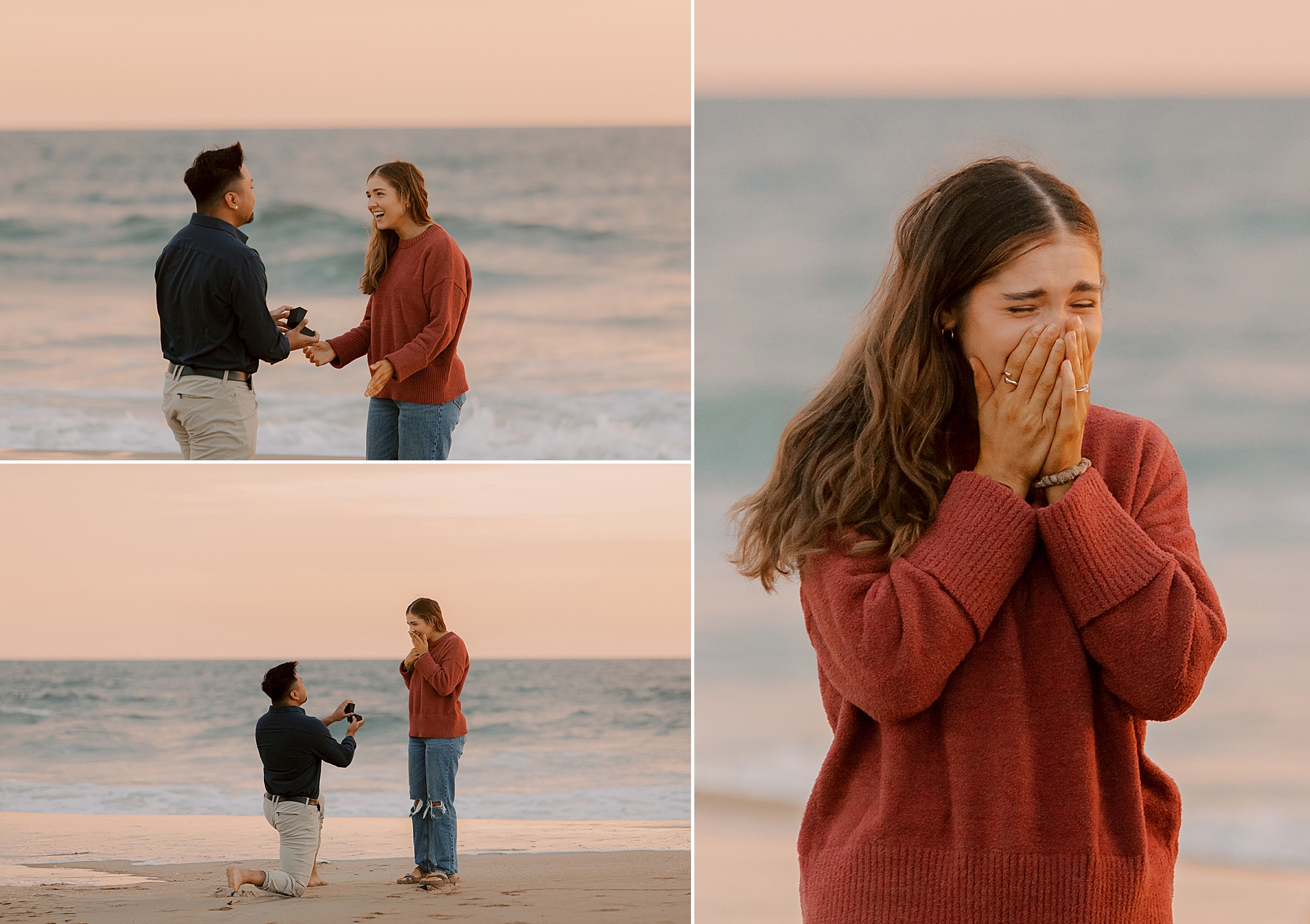 man proposes on beach at sunset in the Outer Banks