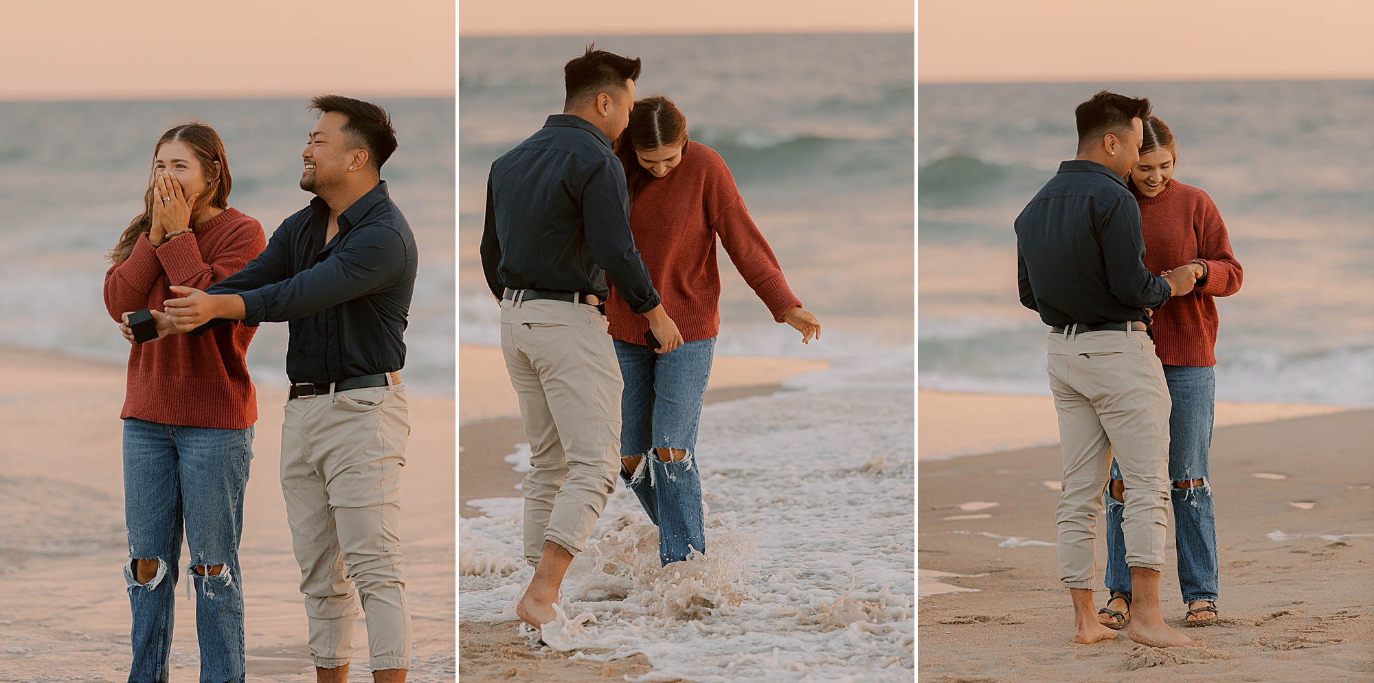 couple stands on the beach during proposal 