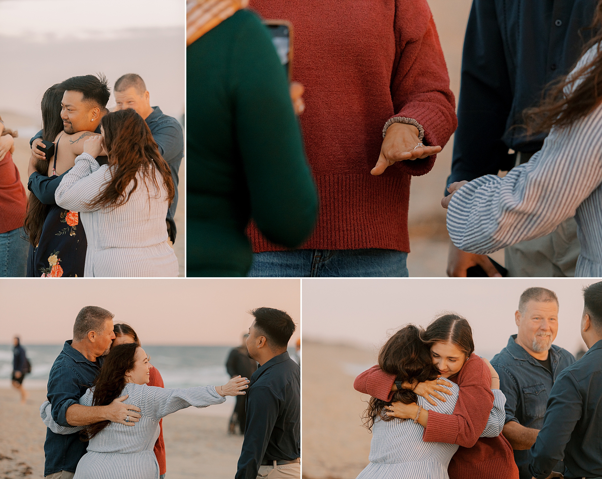 couple hugs and celebrates with family during proposal