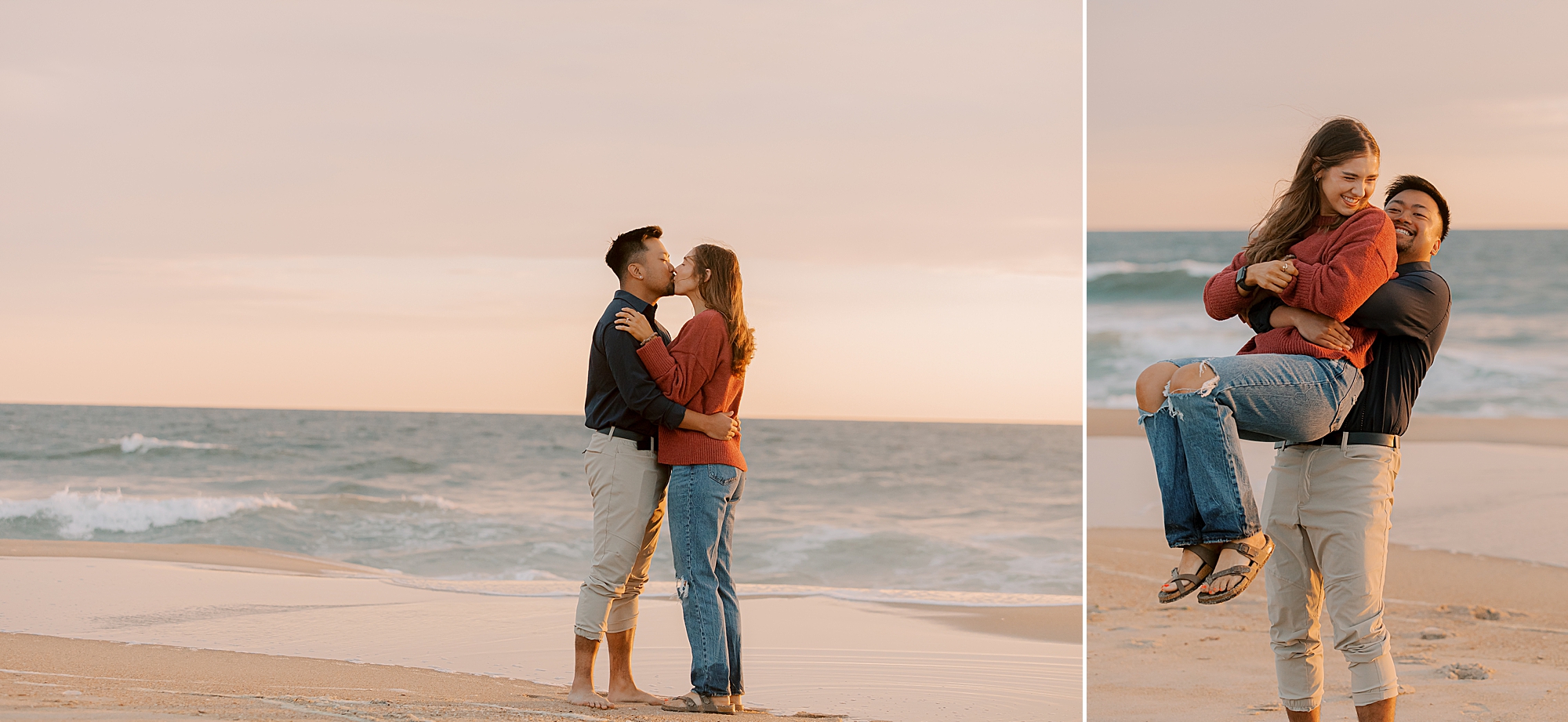 man lifts up woman during portraits on nags head beach