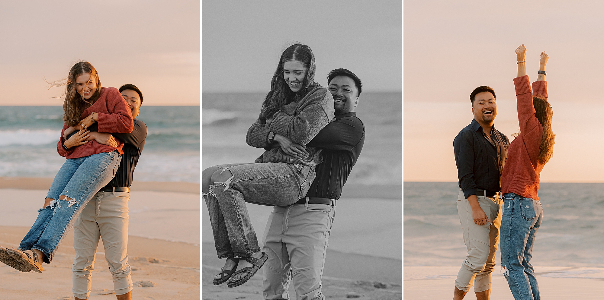 man twirls woman around after proposal on beach 