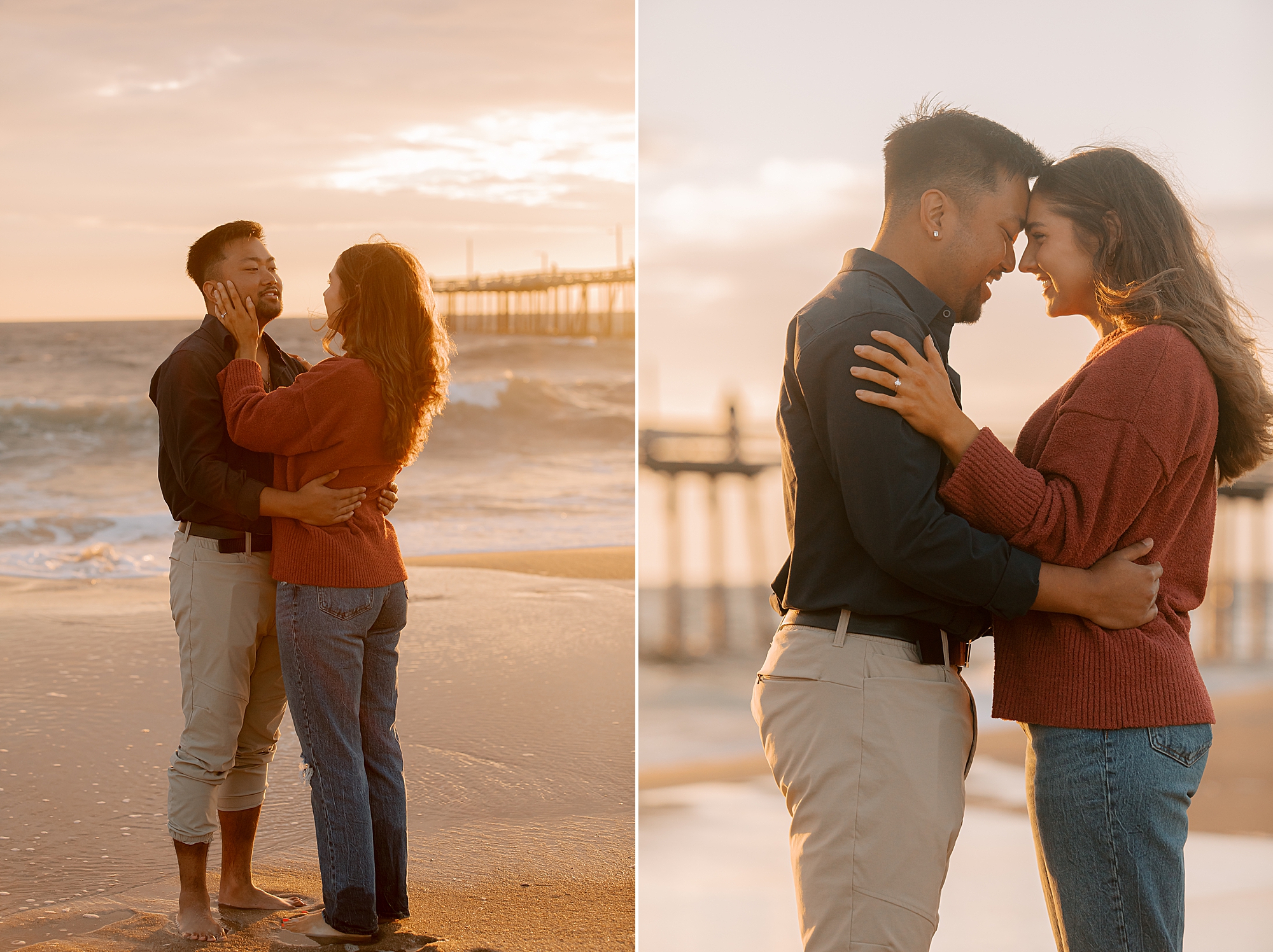 man and woman hug leaning heads together in front of nags head pier