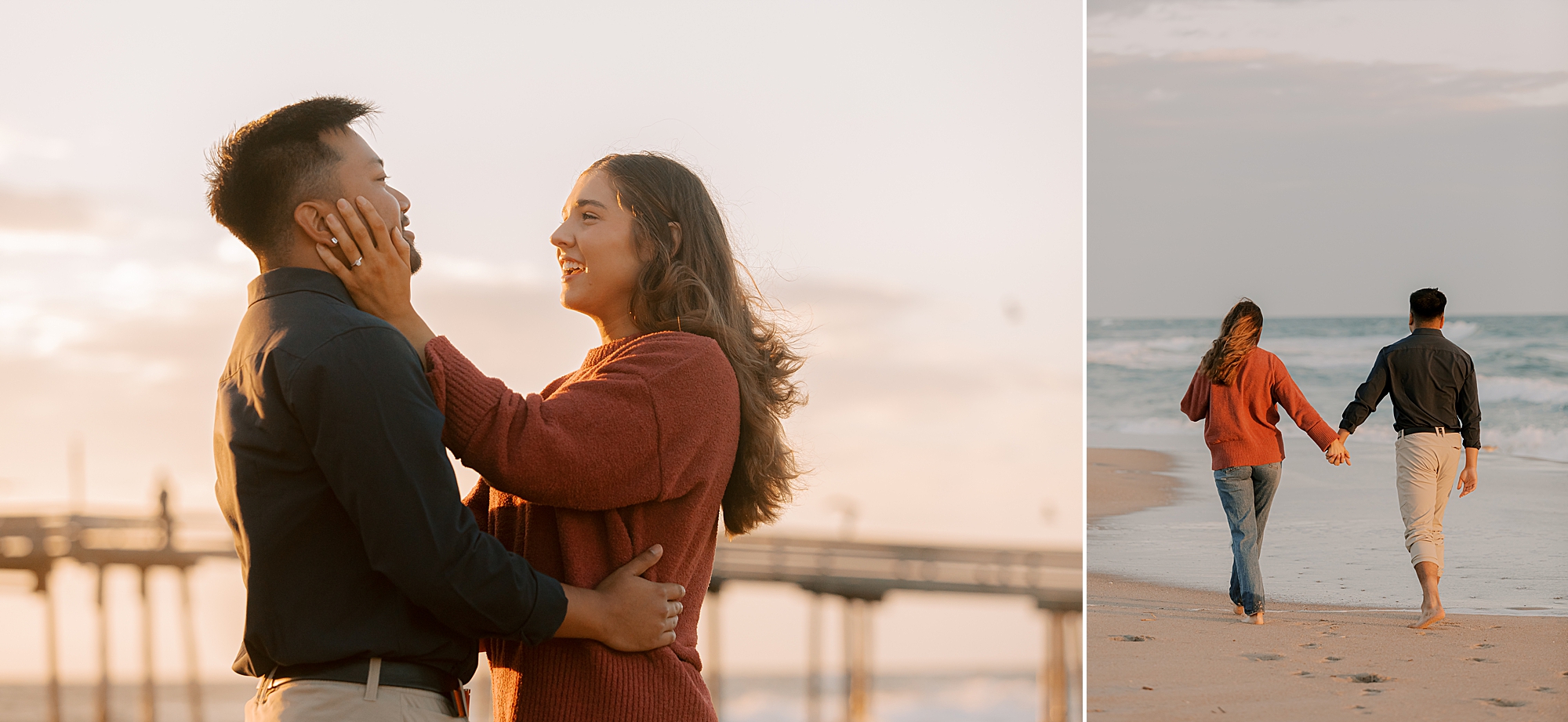 couple holds hands walking along beach during nags head beach portraits 