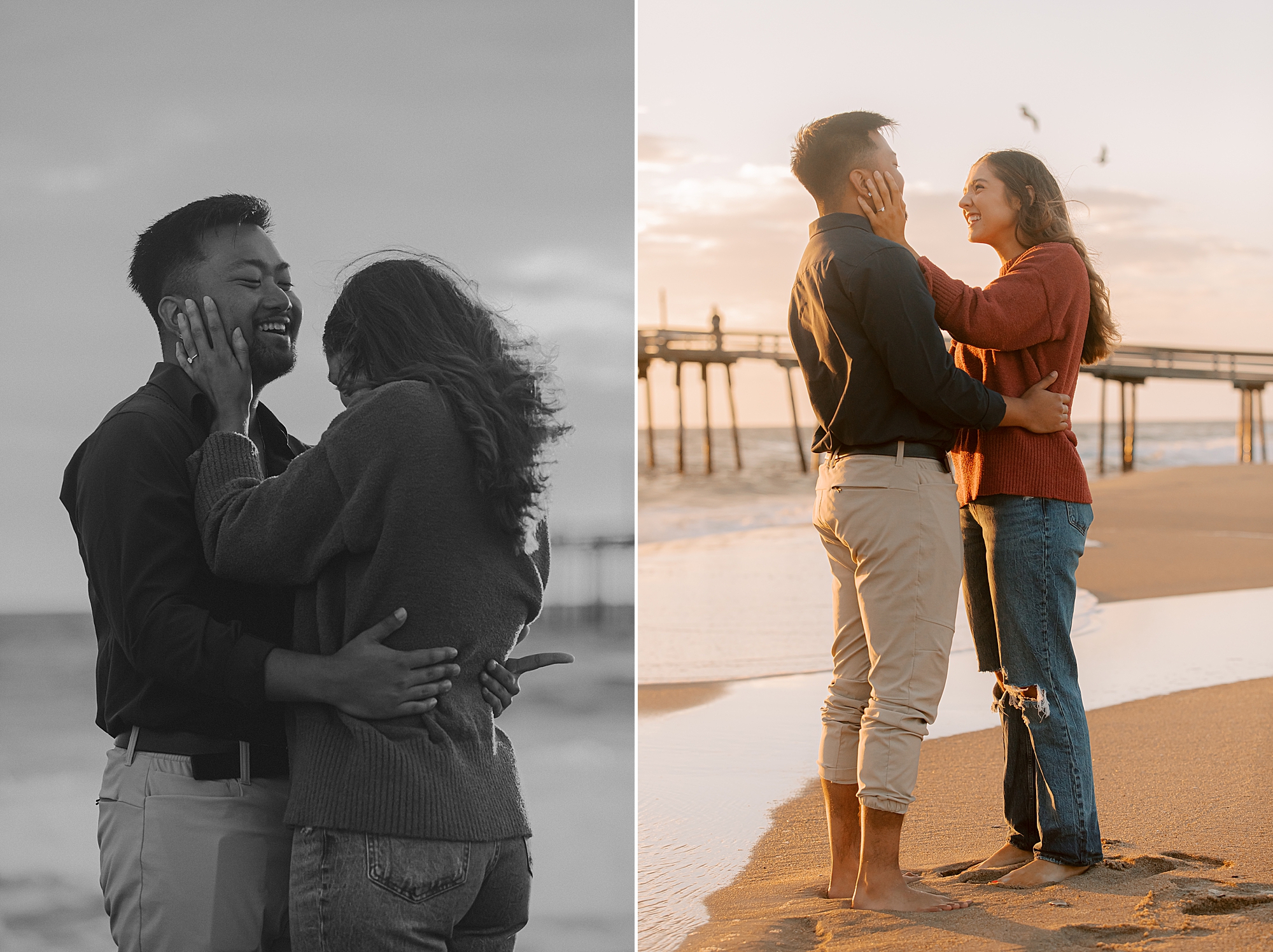 couple hugs laughing by pier in nags head nc