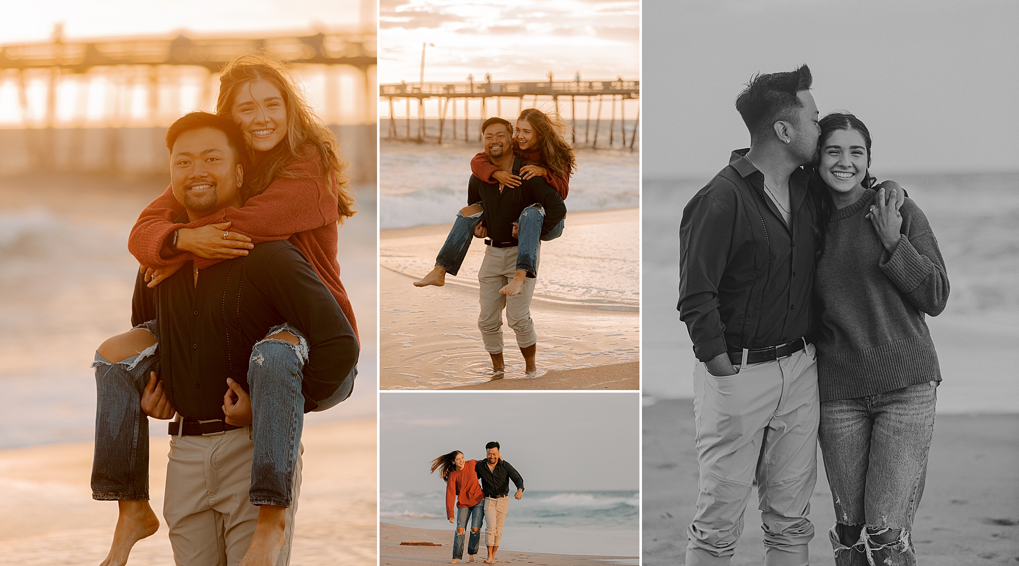 engaged couple hugs smiling in front of nags head pier at sunset