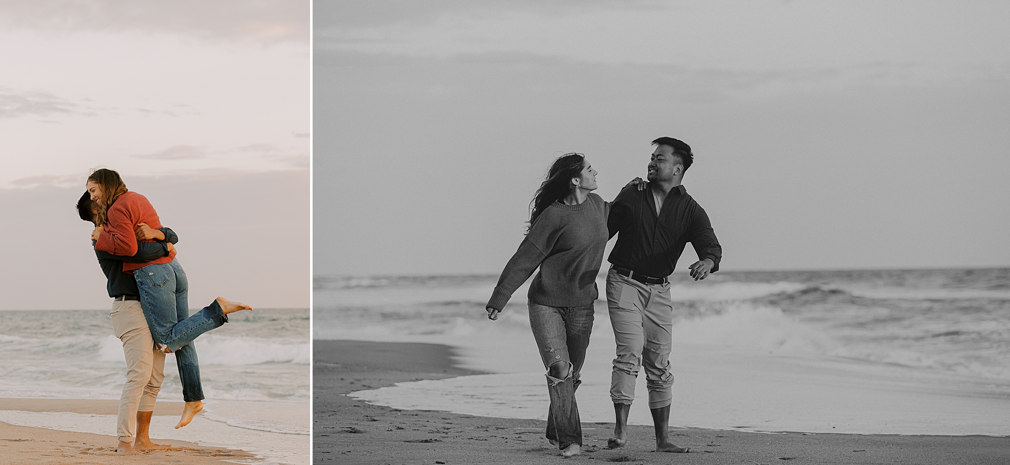 man and woman walk along waves in outer banks