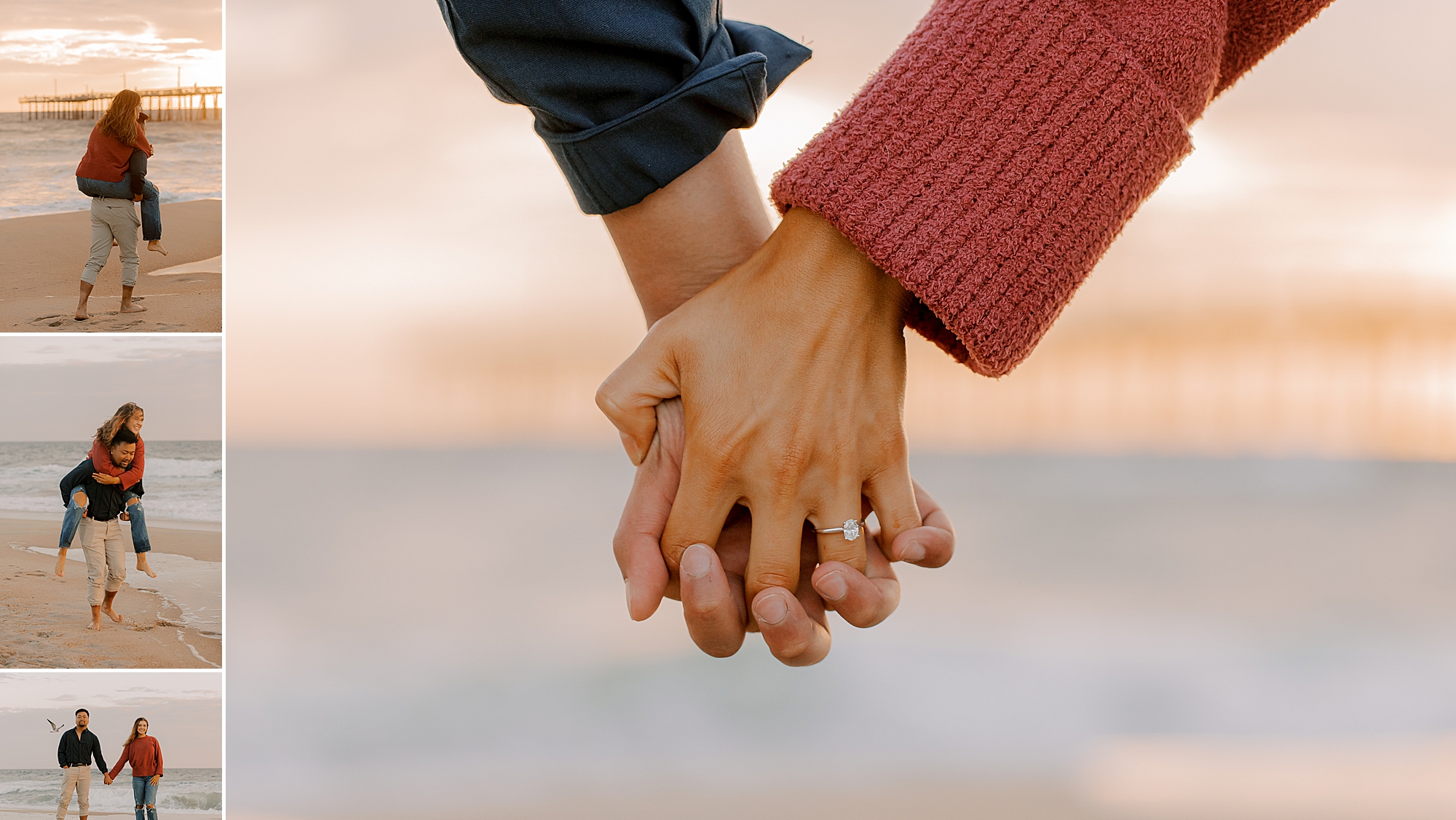 couple holds ands in front of the ocean after nags head beach proposal