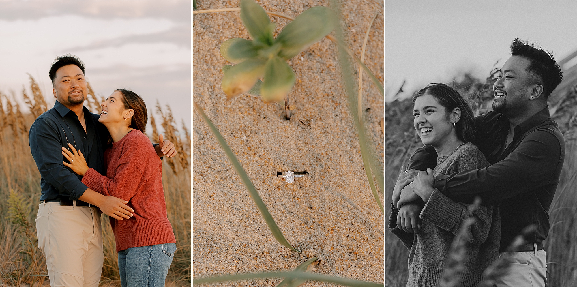 couple hugs next to phot off diamond ring in sand