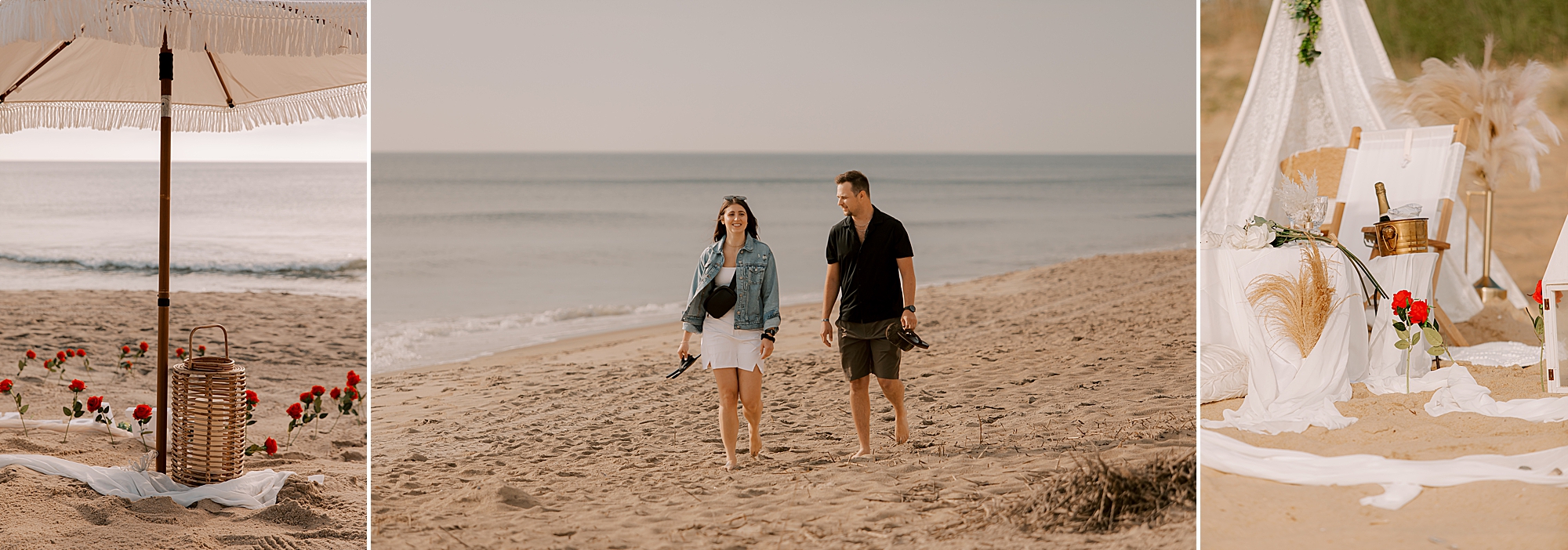 man and woman walks on beach in kitty hawk NC