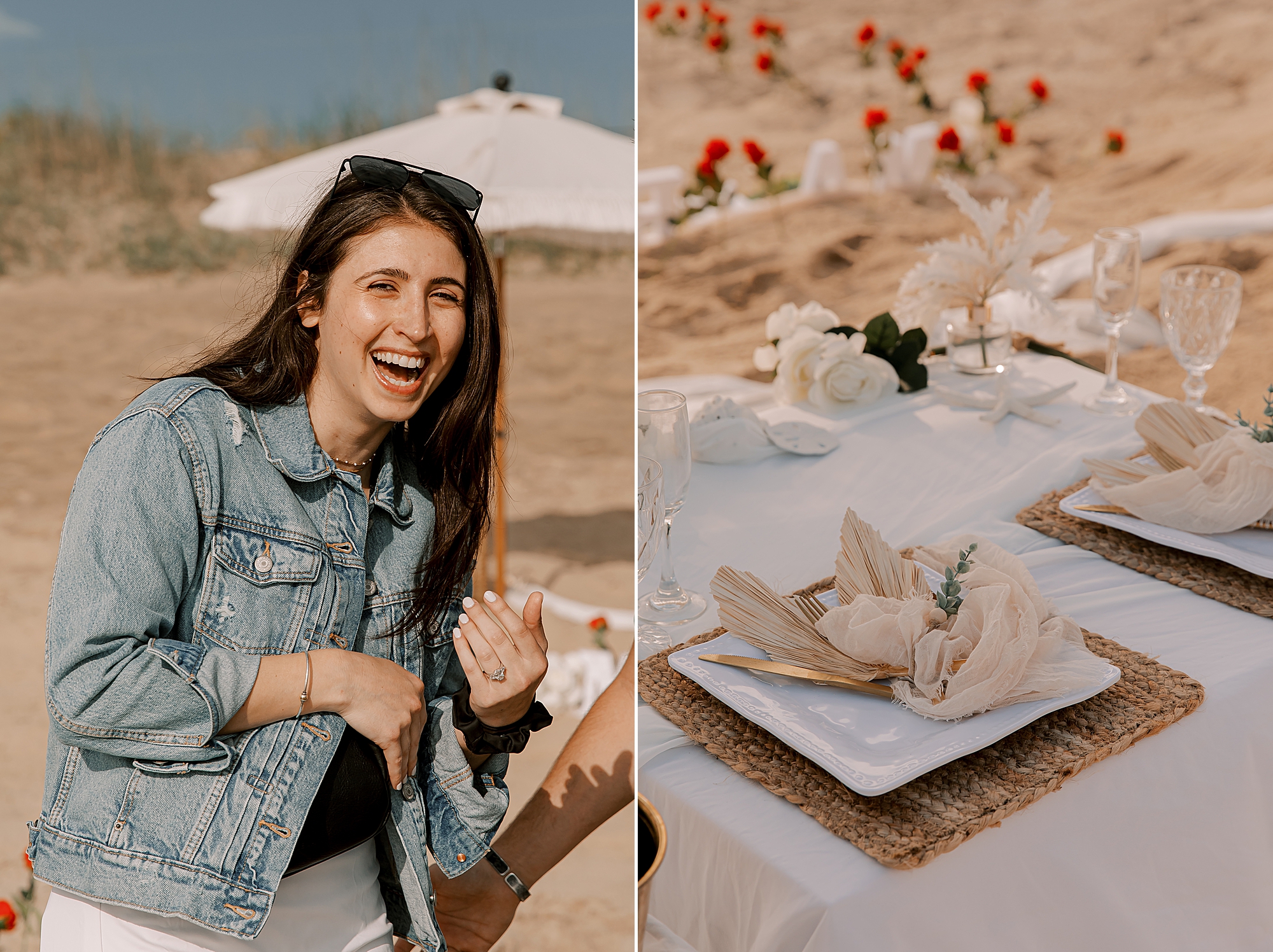 woman in jean jacket laughs showing off diamond ring