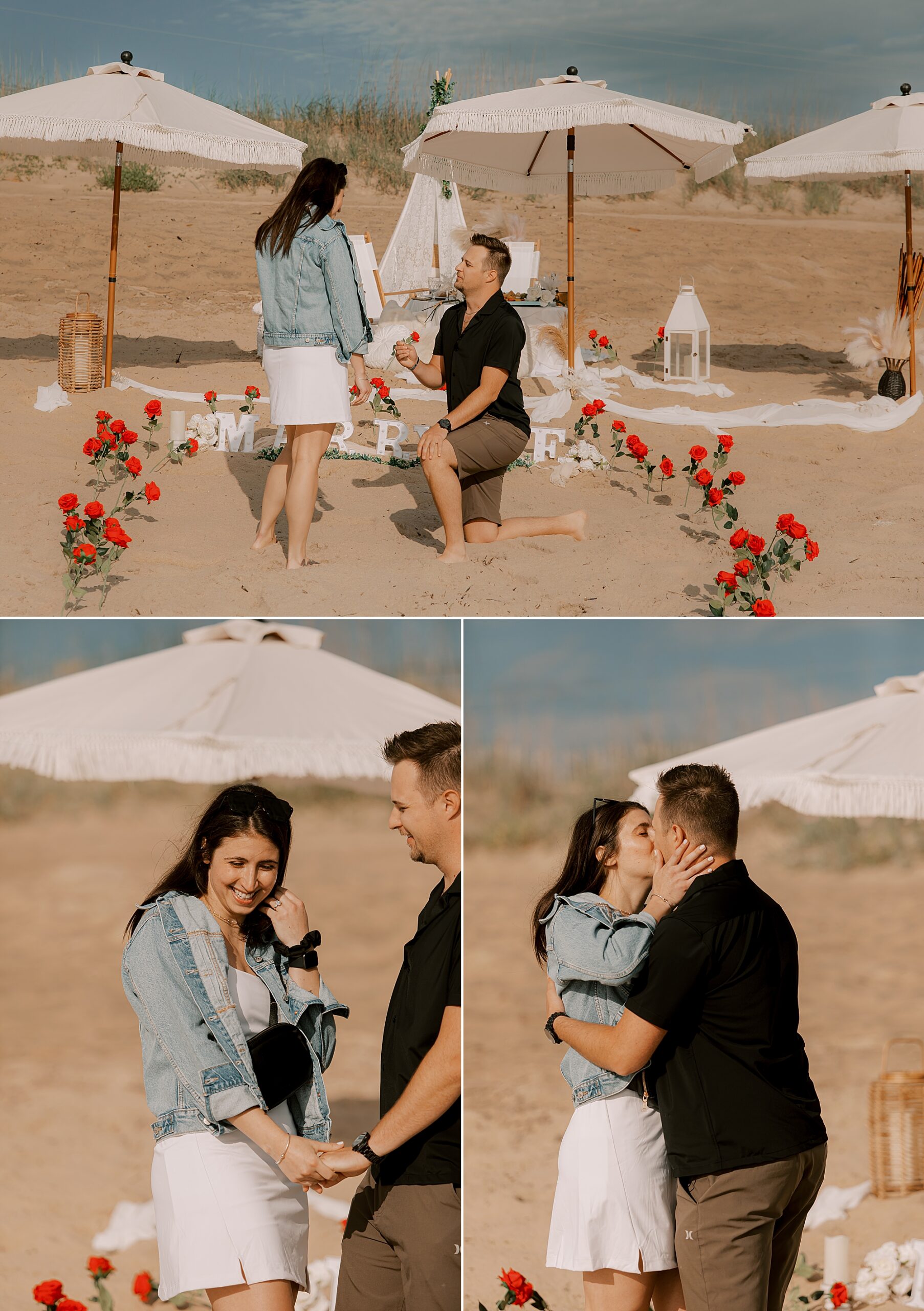 man and woman laugh after kitty hawk beach proposal in front of luxury picnic 