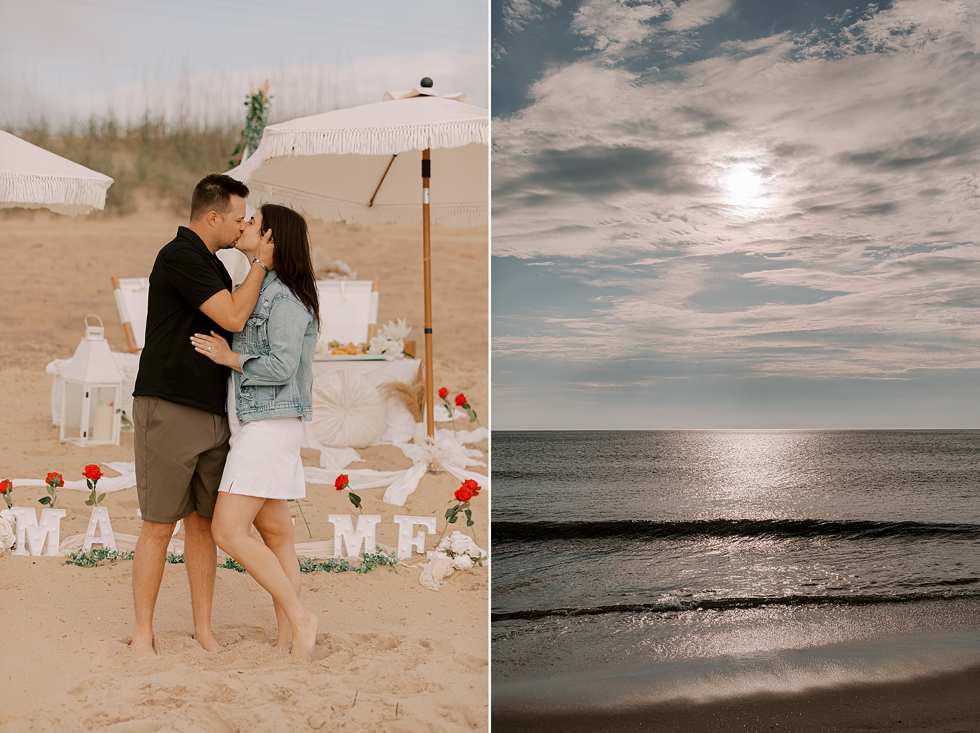 man and woman kiss on beach during kitty hawk beach proposal