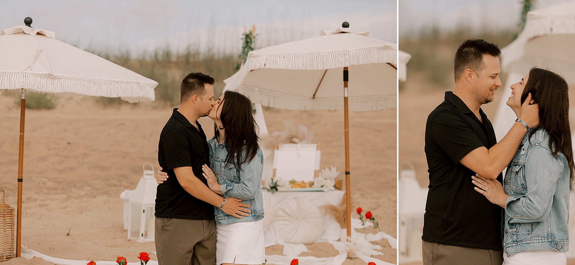 man and woman kiss on kitty hawk beach in front of luxury picnic setup 