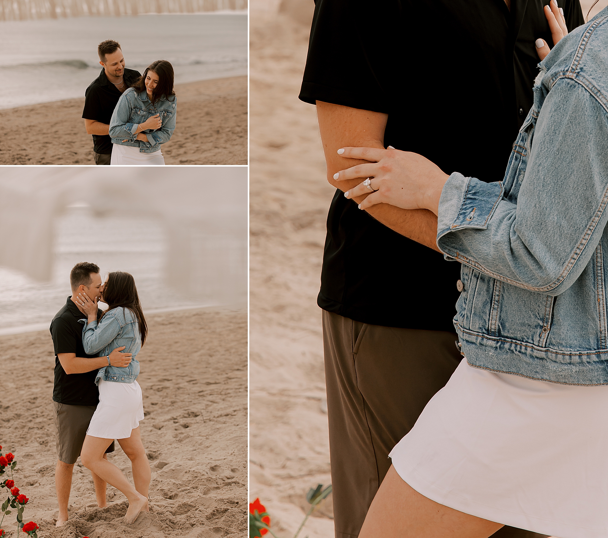 woman holds man's arm showing off engagement ring on kitty hawk beach