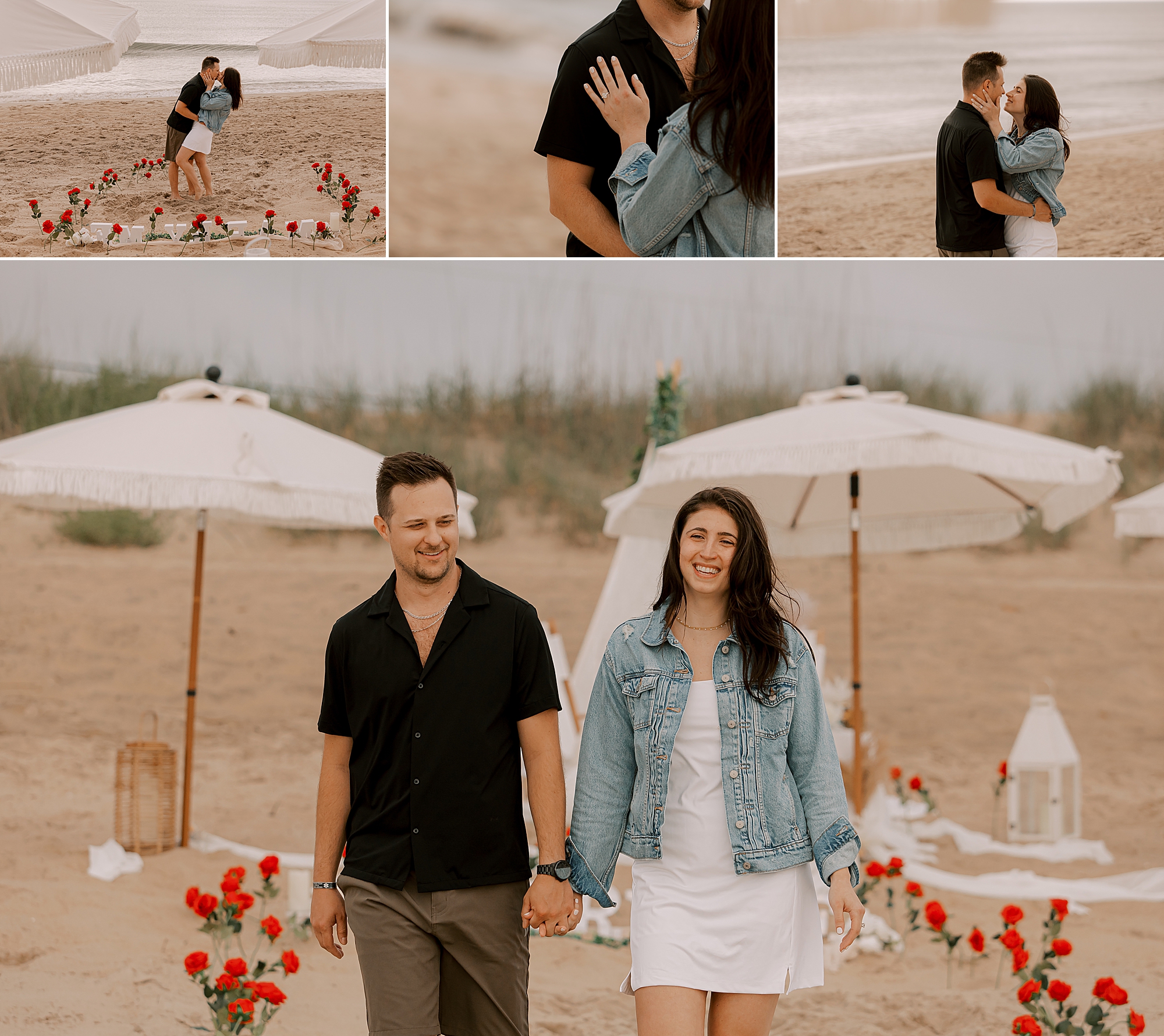 engaged couple holds hands walking away from red roses and picnic setup 