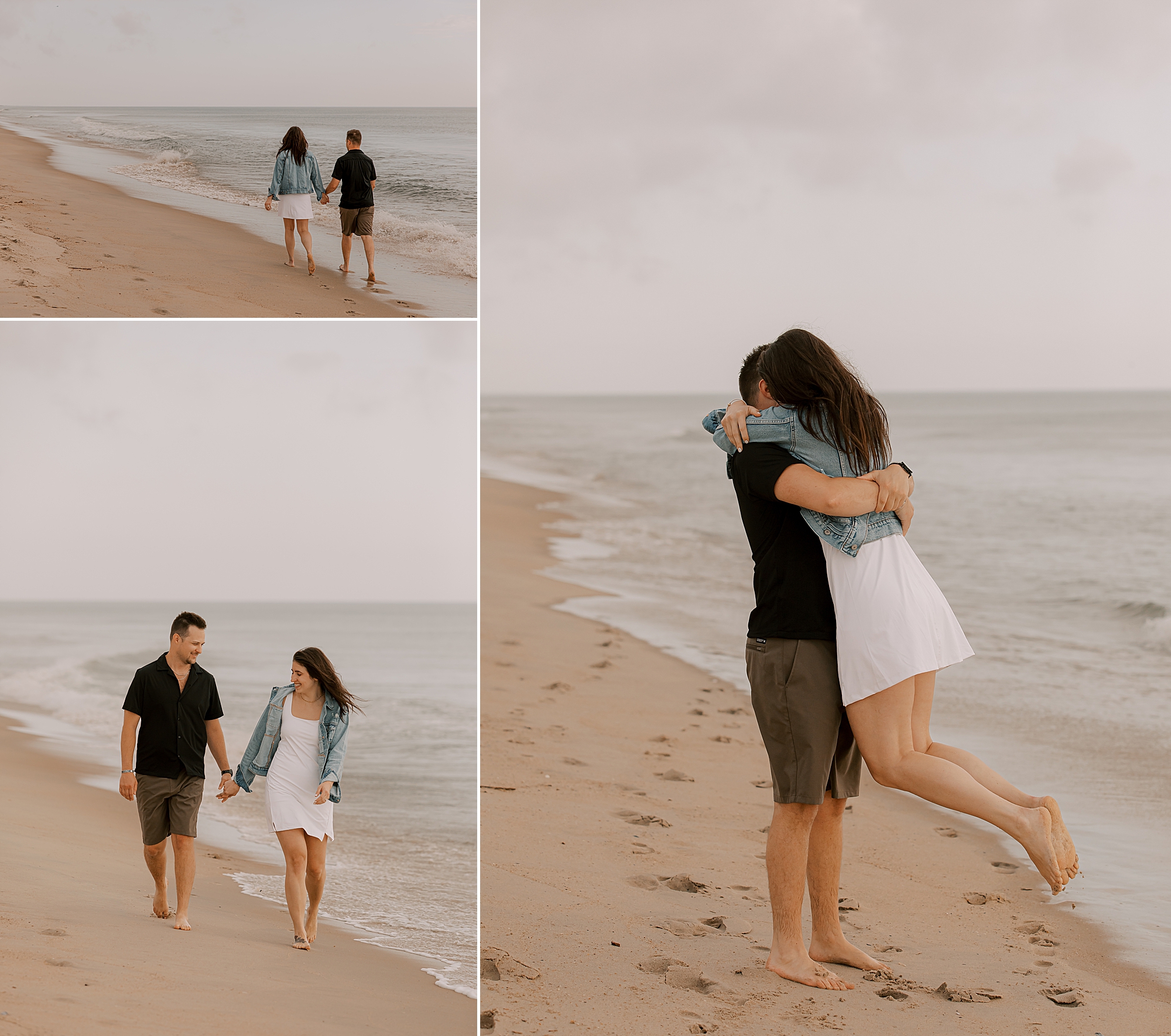 man and woman hold hands walking on beach near ocean 