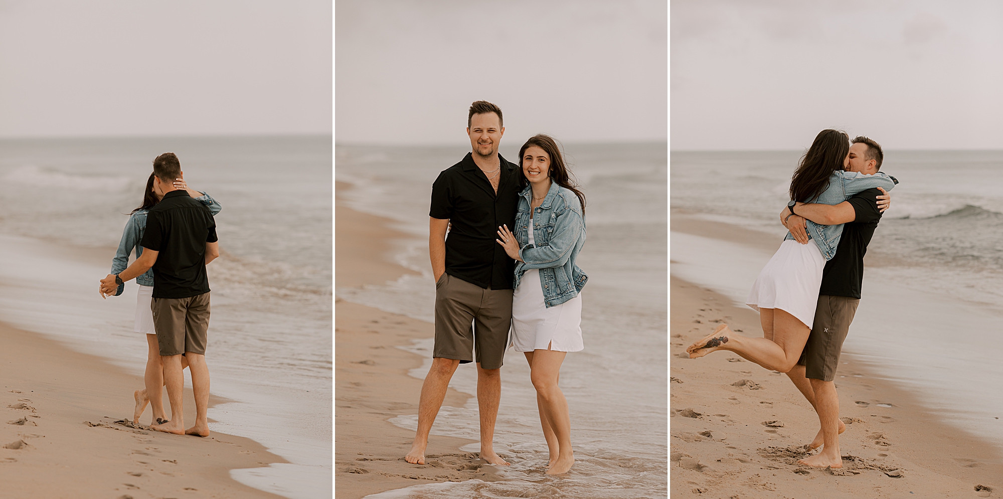 man and woman twirl on kitty hawk beach after getting engaged 