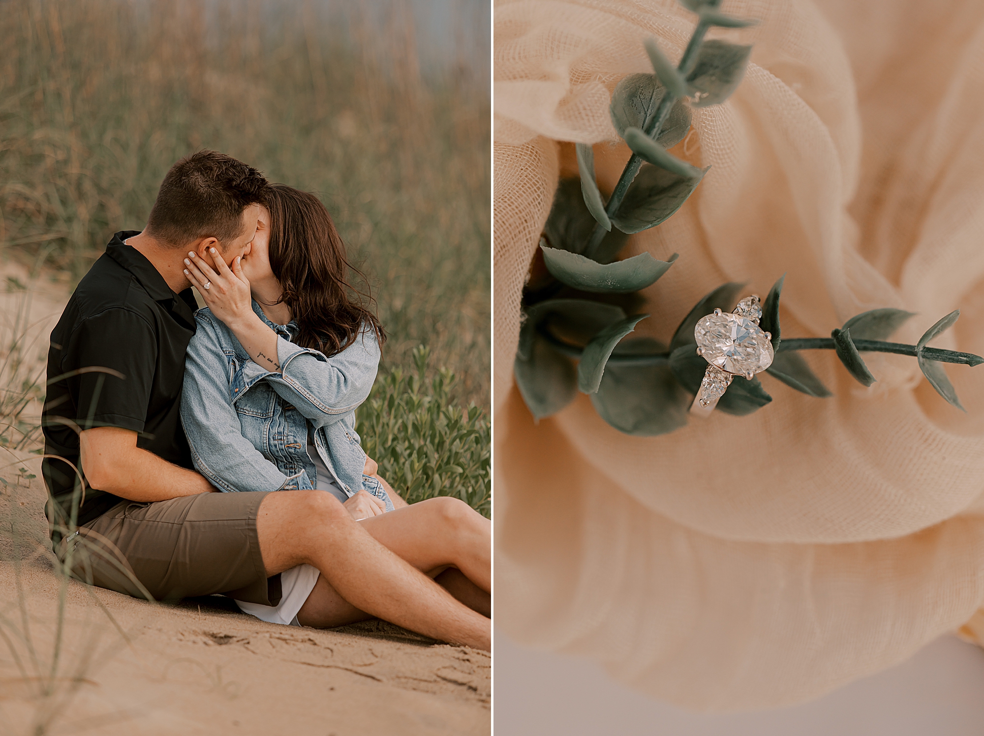 man and woman kiss on sand dune with engagement ring on greenery 