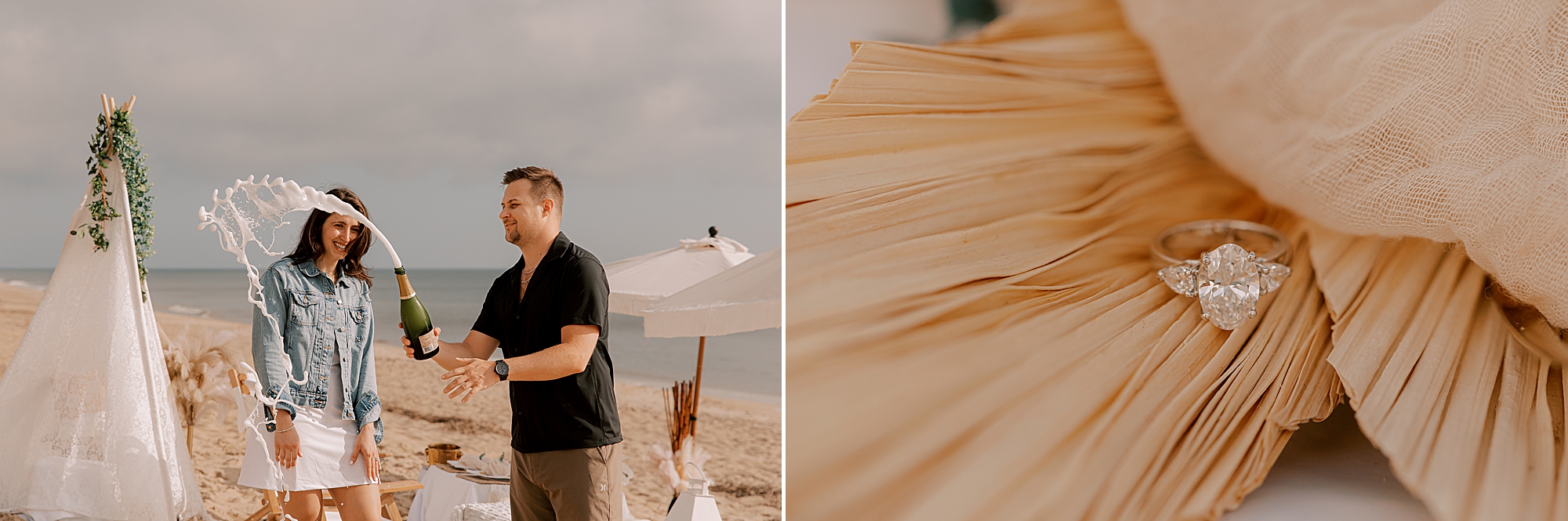 man pops champagne on the beach during kitty hawk beach proposal