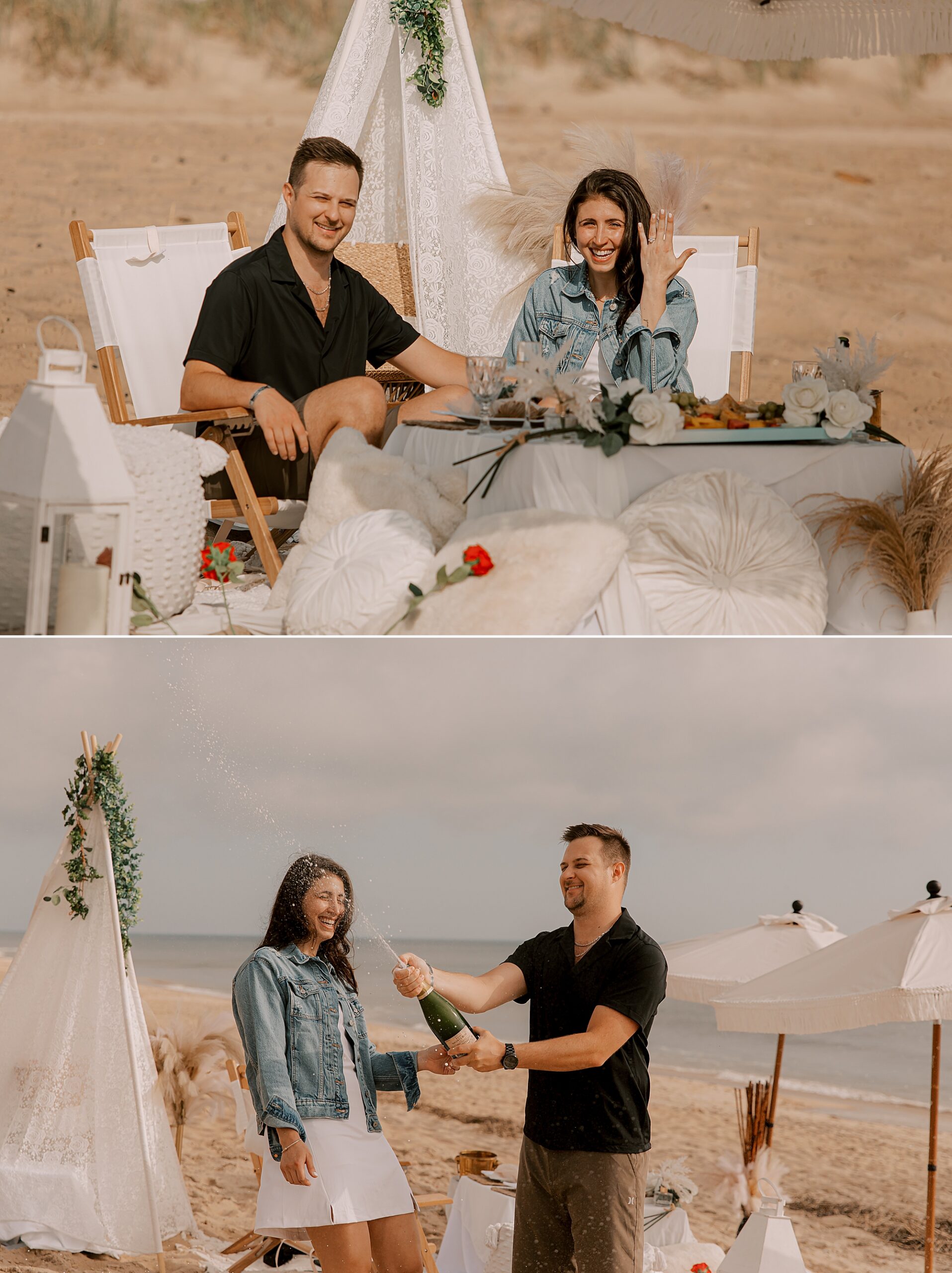 engaged couple sits at table at luxury picnic setup on the beach 